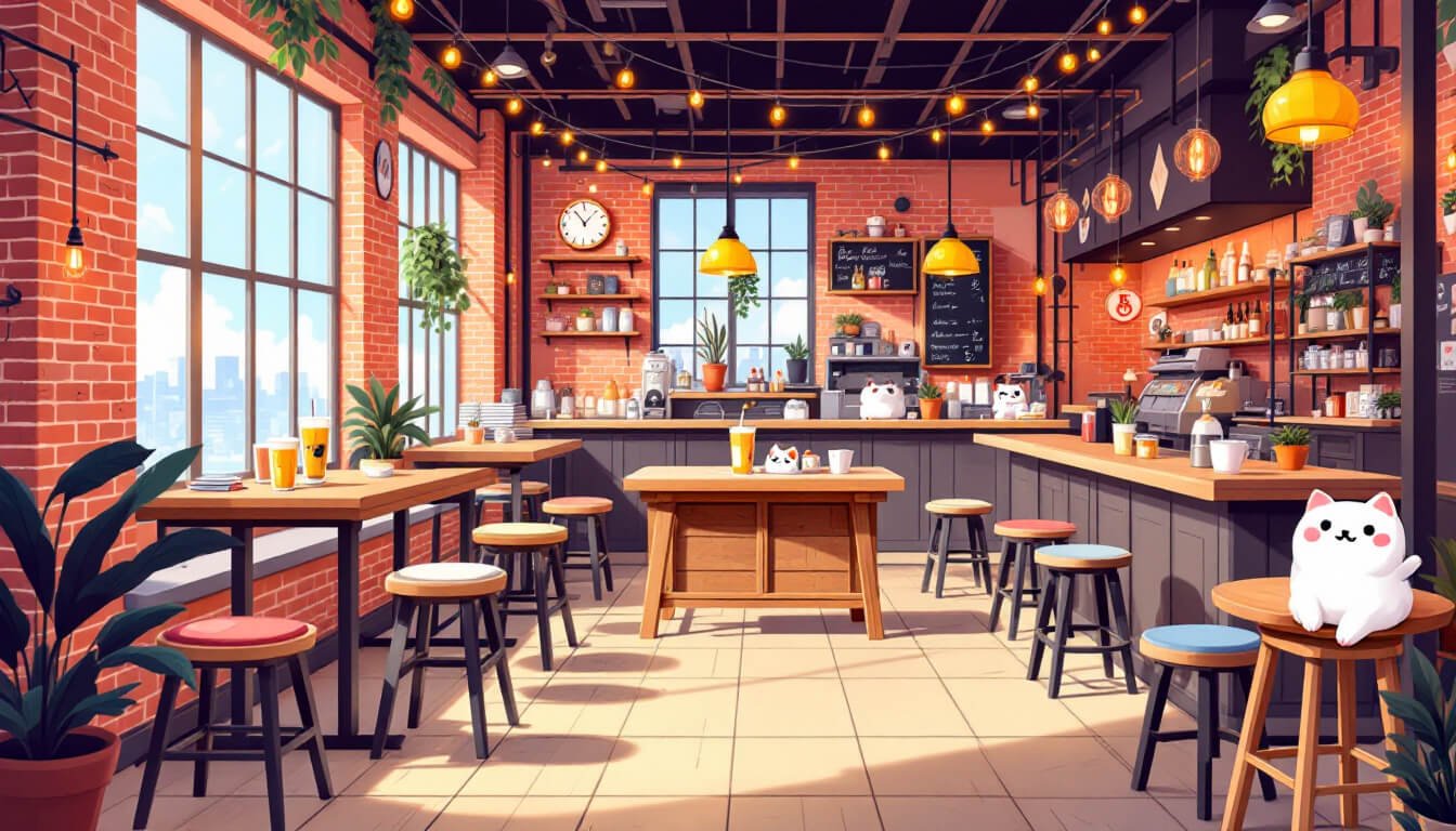 Cozy warehouse cafe interior at Huashan with bubble tea on wooden tables