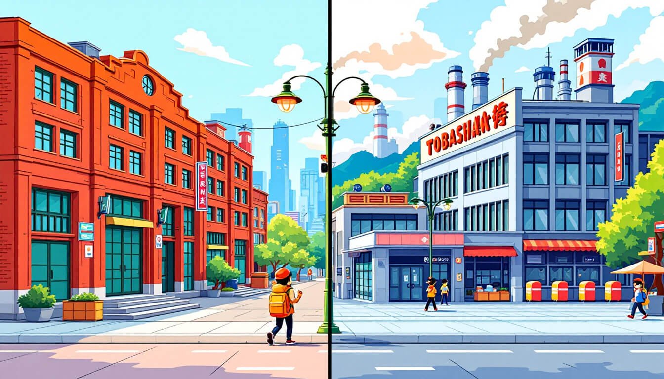 Split-scene illustration comparing Huashan warehouses with Songshan tobacco factory