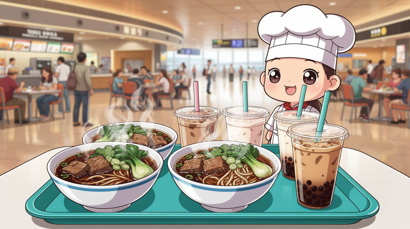 Taiwanese beef noodle soup and bubble tea at KHH airport food court