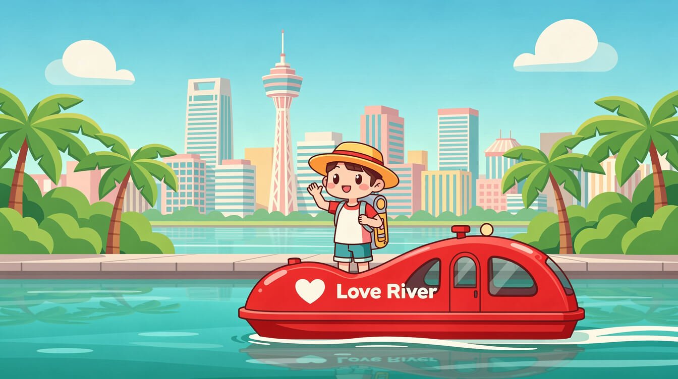 Kaohsiung Love River ferry with palm trees