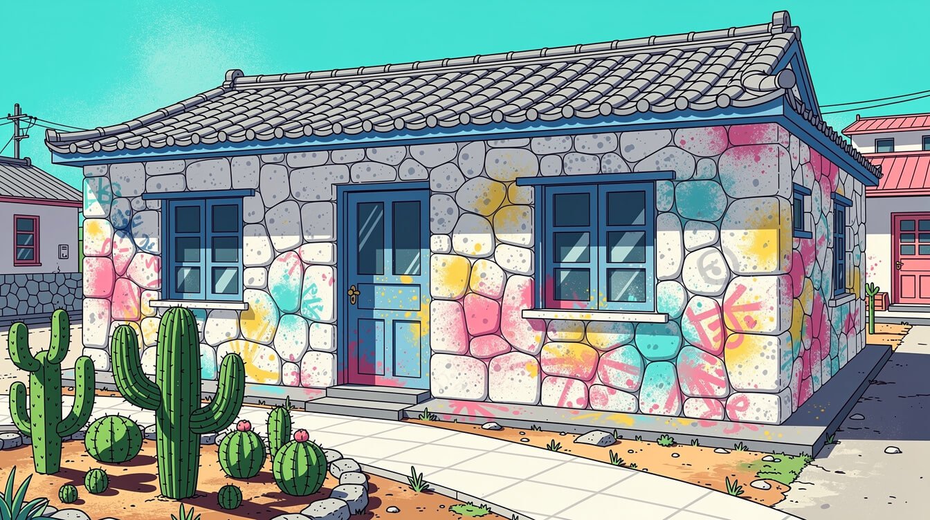 Traditional coral stone house B&B in Penghu with white walls and blue-trimmed windows