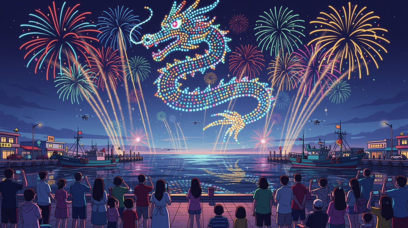 Penghu Fireworks Festival Dragon Ball Z drone show over Magong harbor at night