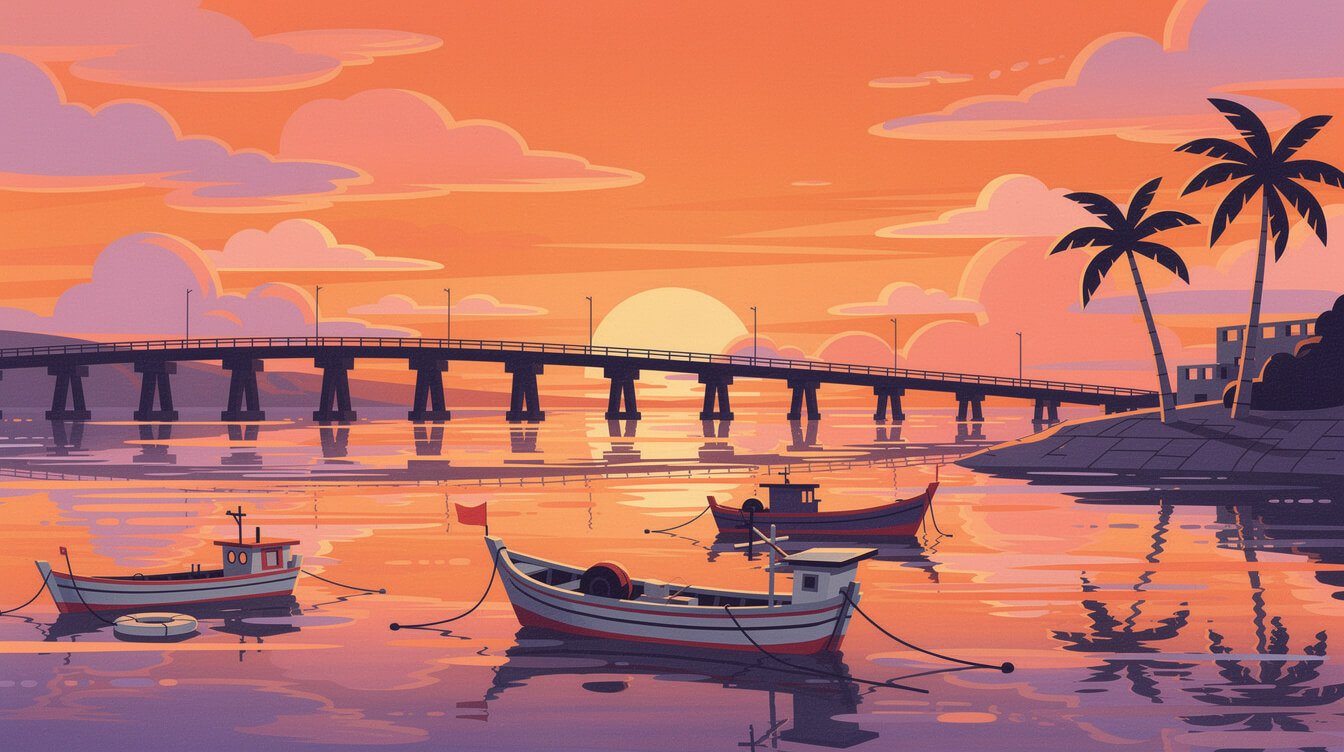 Colorful sunset over Magong Harbor with Penghu Great Bridge in silhouette
