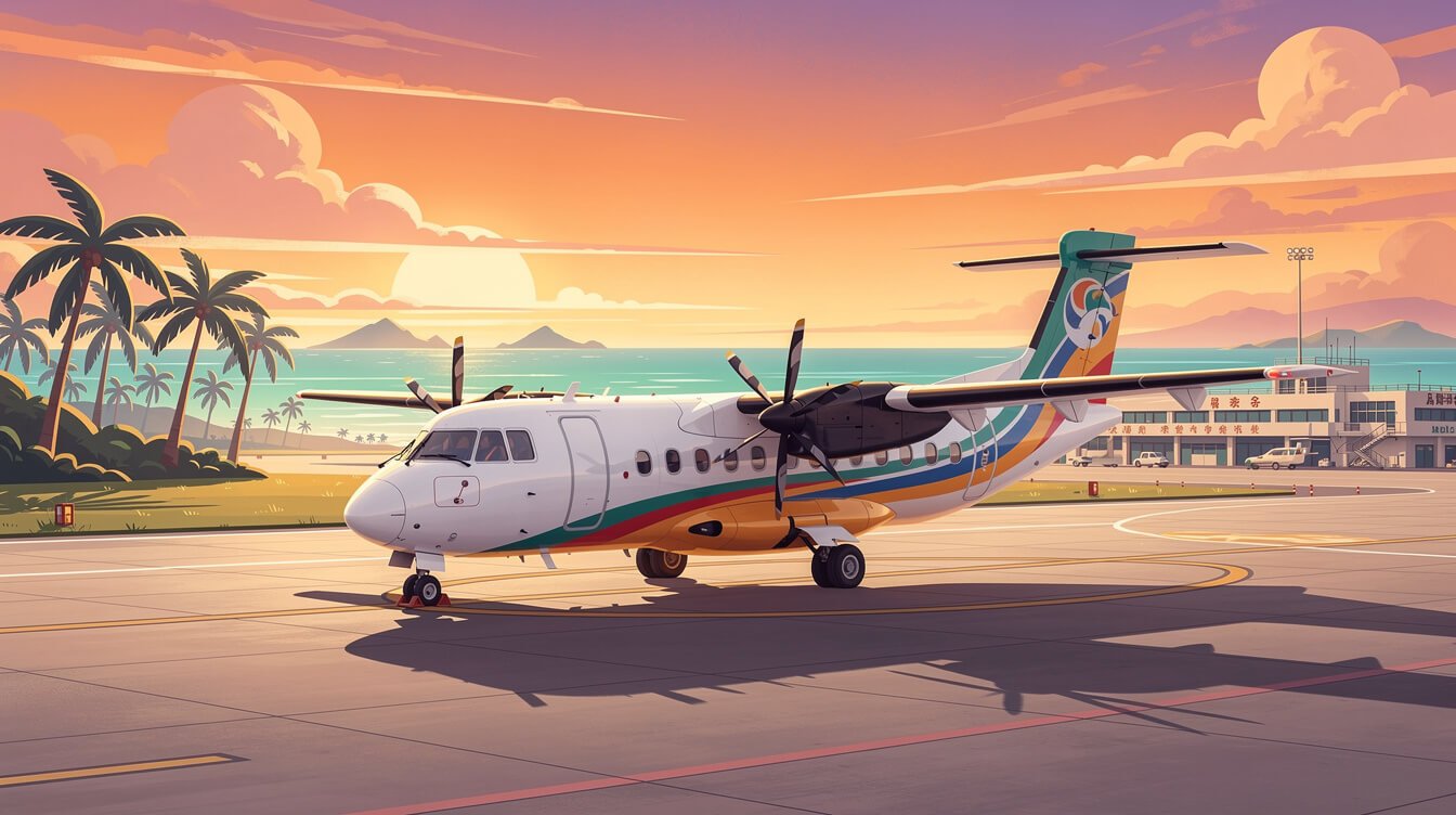 Small propeller plane on the tarmac at Penghu Magong Airport at sunset
