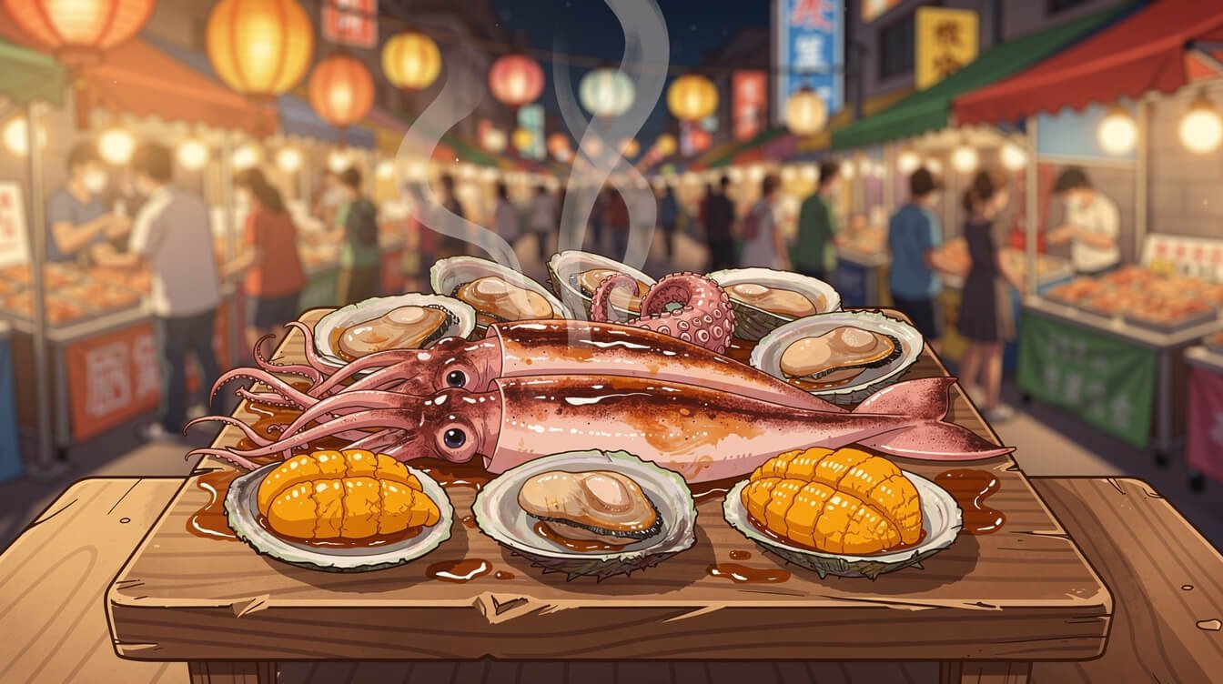 Fresh grilled seafood platter at a Penghu night market with squid octopus and clams