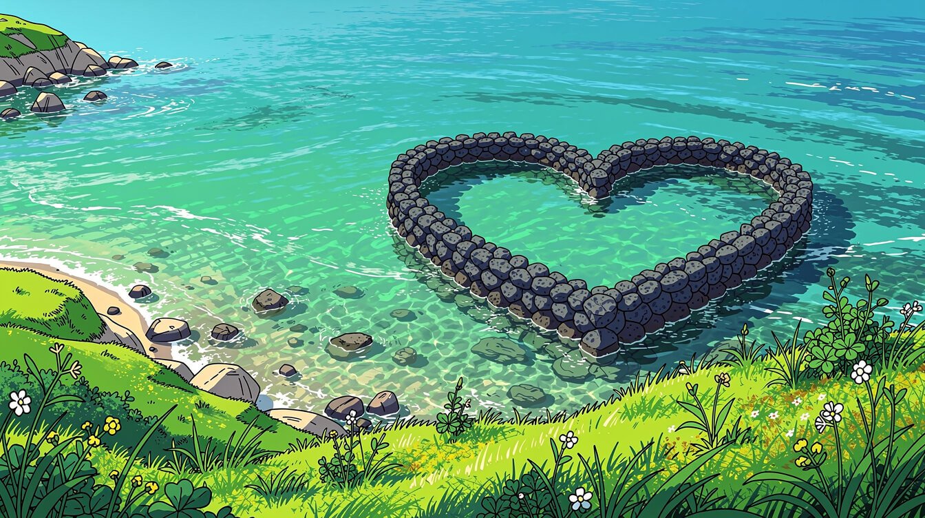 Twin Heart Stone Weir fish trap at Qimei Island Penghu shaped like two hearts in the ocean