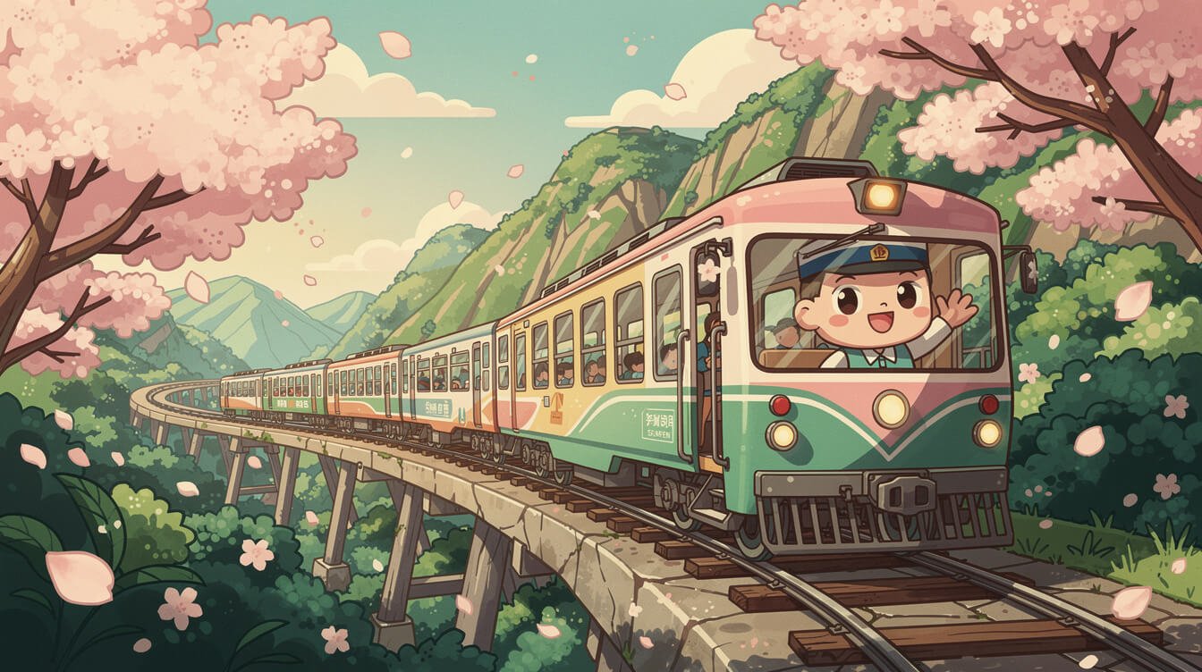 台灣平溪鐵路列車蜿蜒駛向十分站