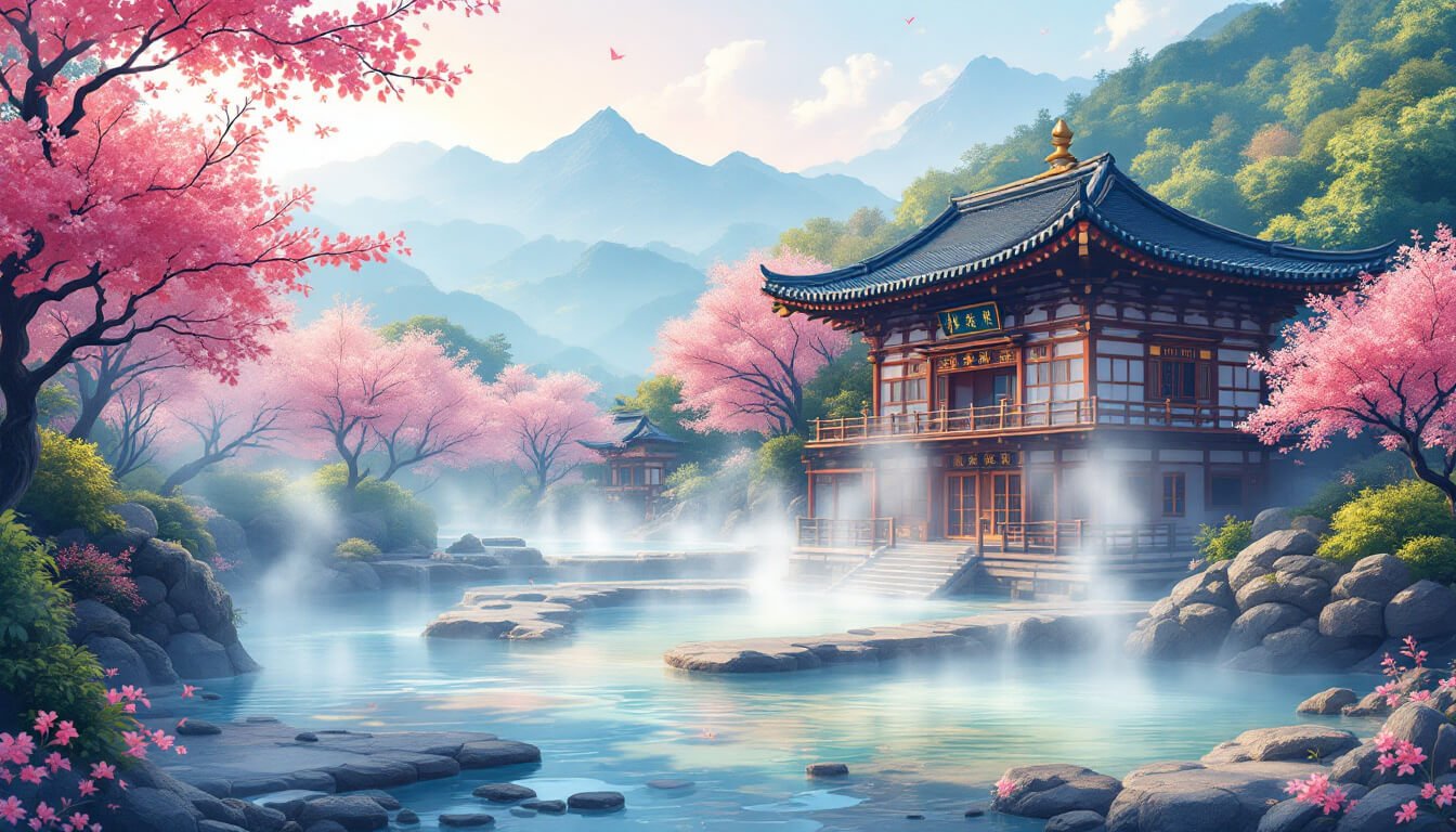 台北北投溫泉谷,蒸氣瀰漫,櫻花盛開
