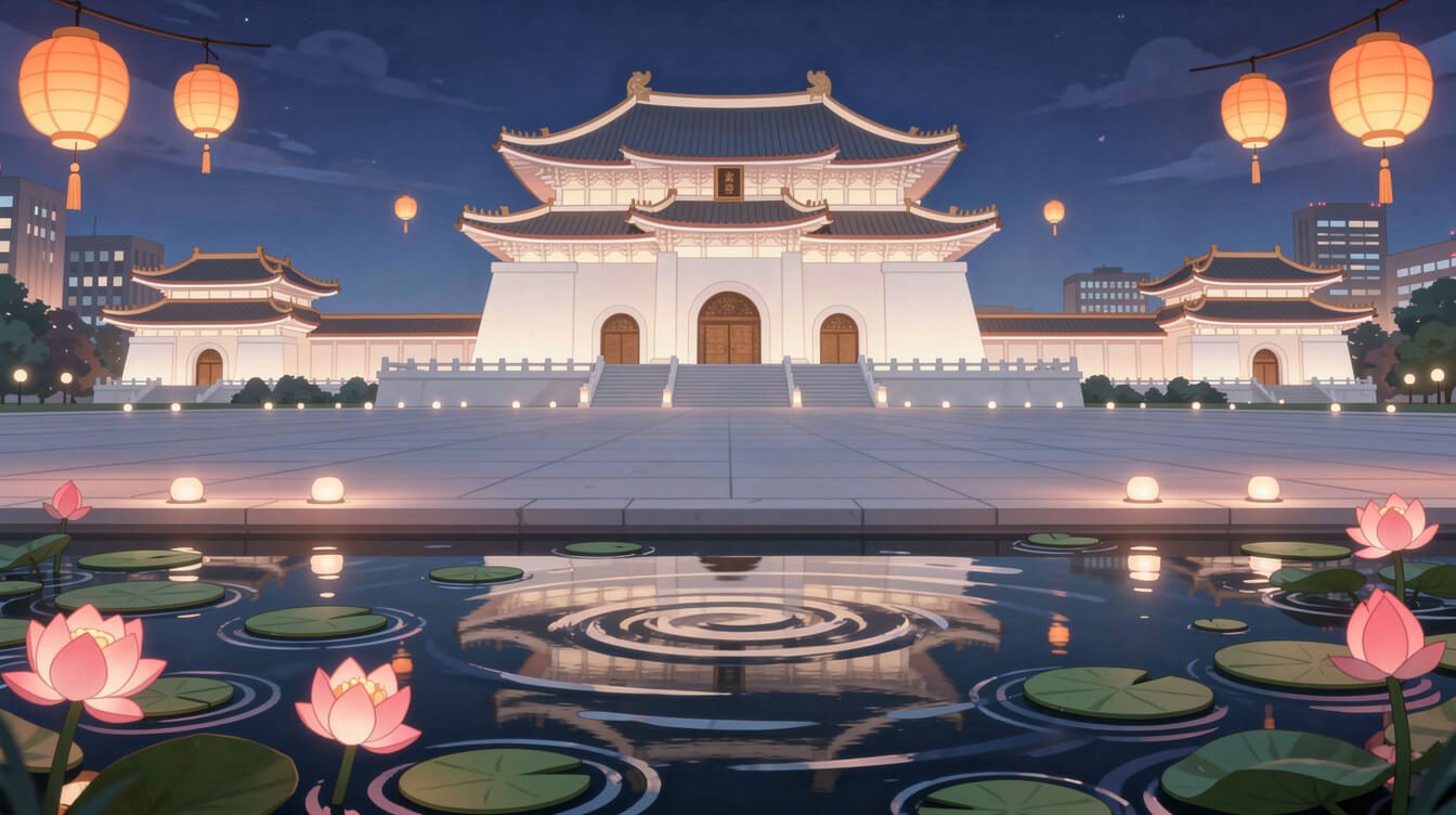 Chiang Kai-shek Memorial Hall Taipei at night illuminated