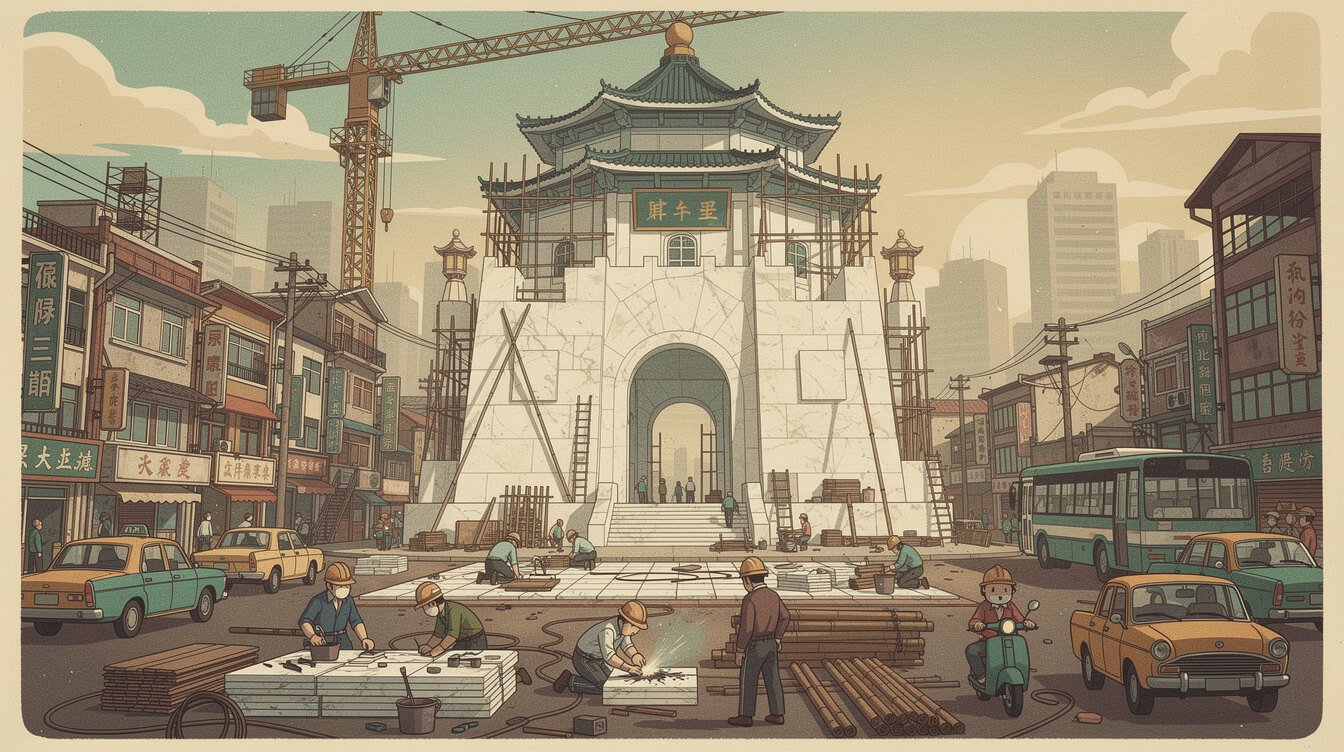 Illustration of Taipei in the late 1970s during the construction of Chiang Kai-shek Memorial Hall