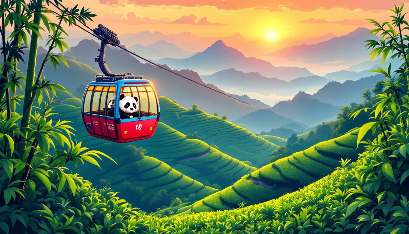 貓空纜車橫跨台北茶山,熊貓出沒。