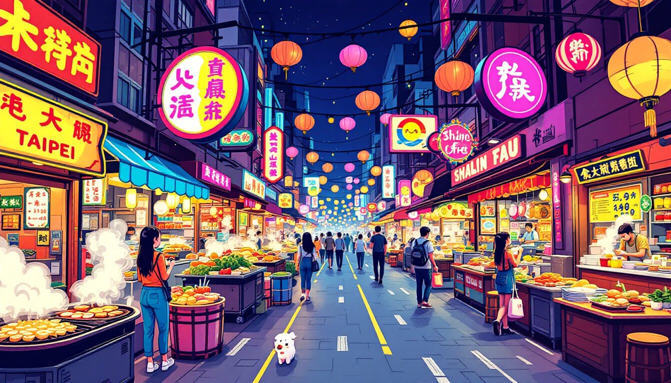 台北士林夜市,美食攤位林立,霓虹燈閃爍