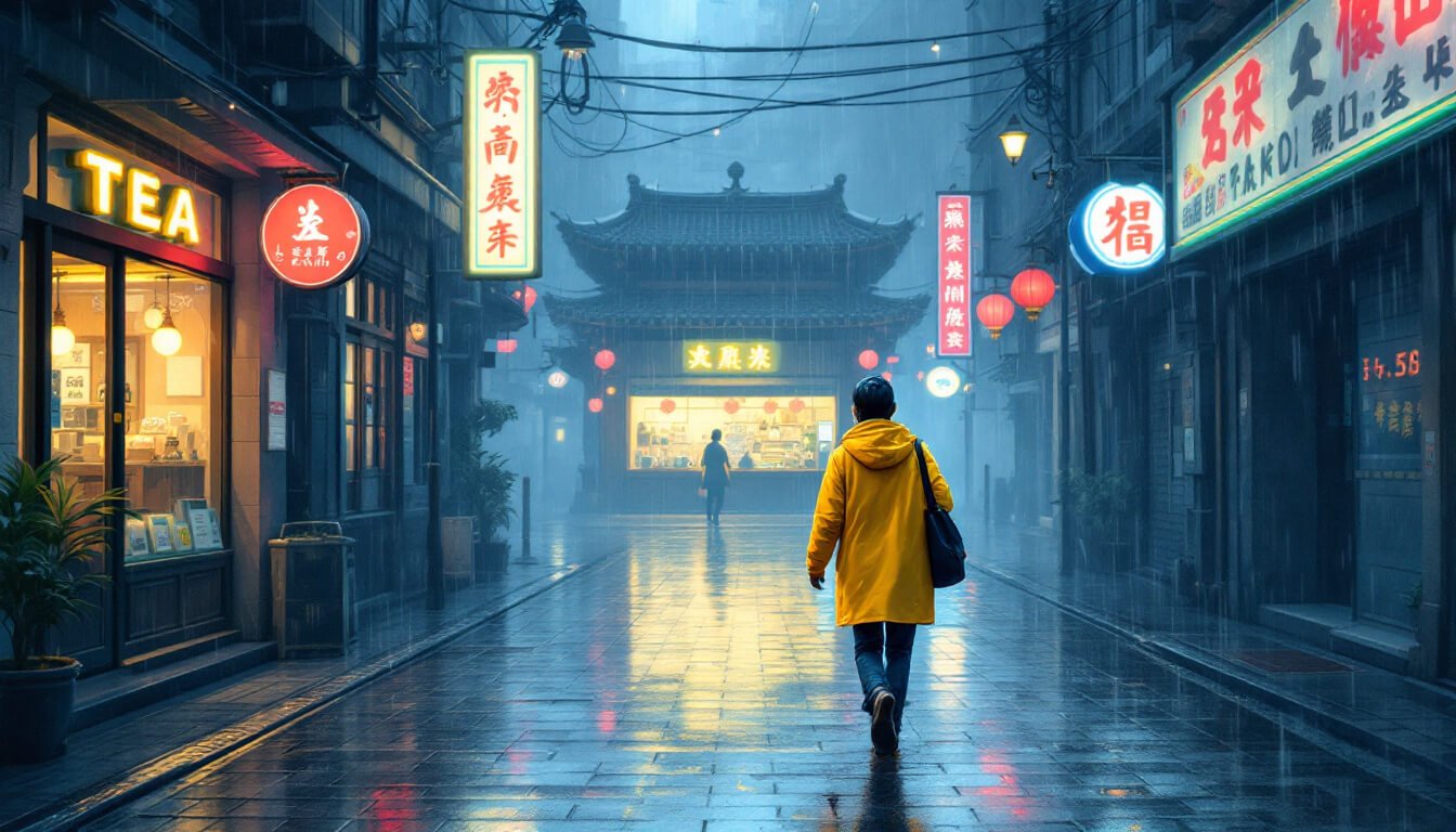 Traveler in yellow raincoat walking Taipei arcade during typhoon