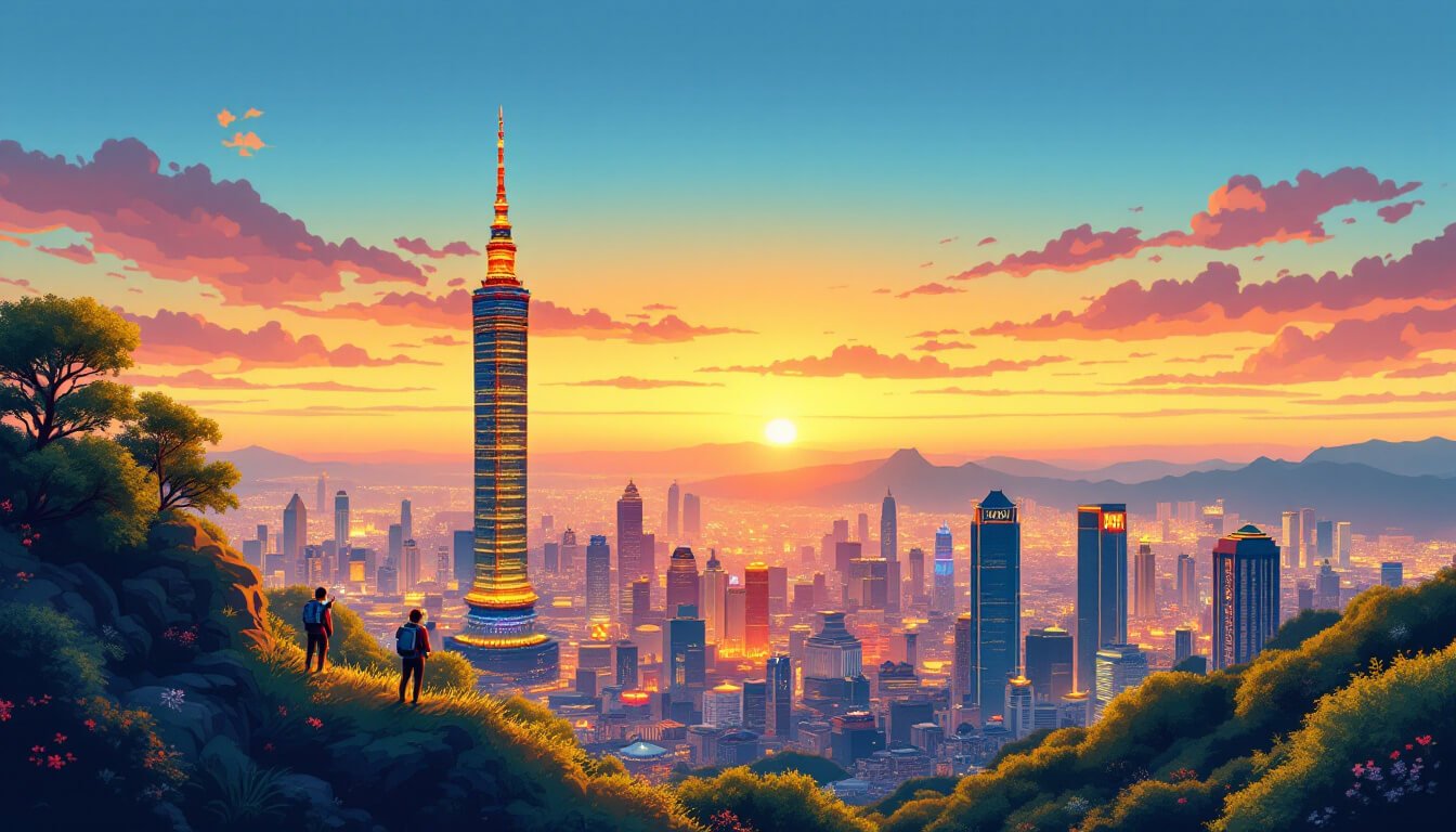 台北101大樓聳立於信義區之上,象山登山者清晰可見。