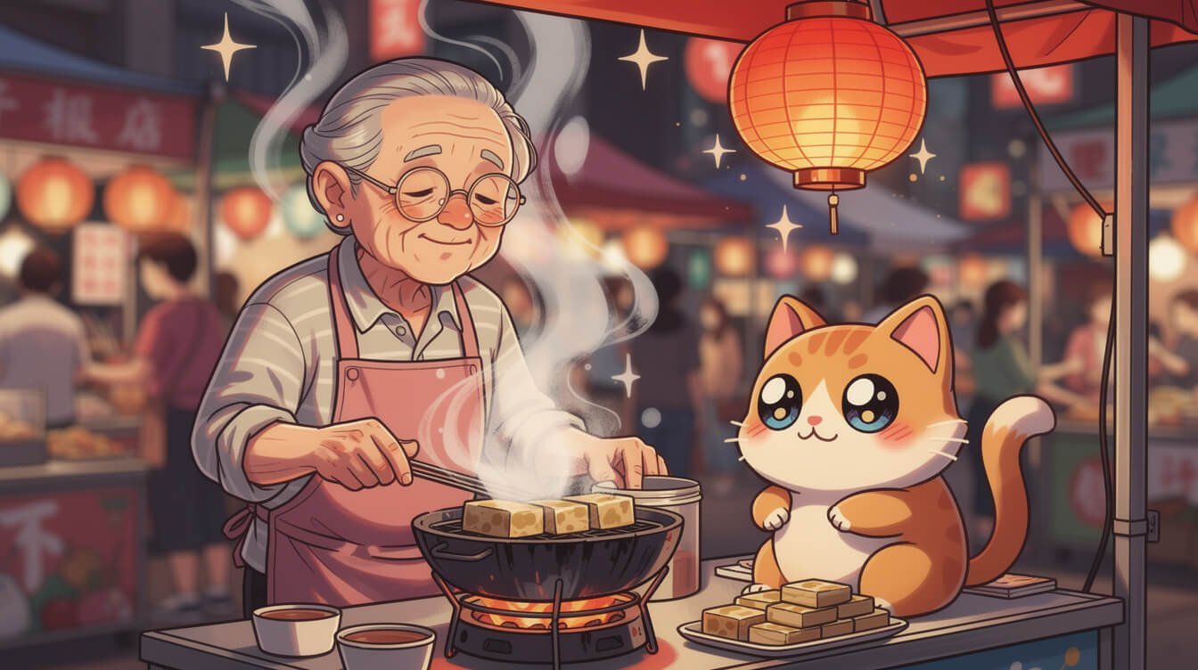 台灣夜市小販在紅燈籠下烤臭豆腐