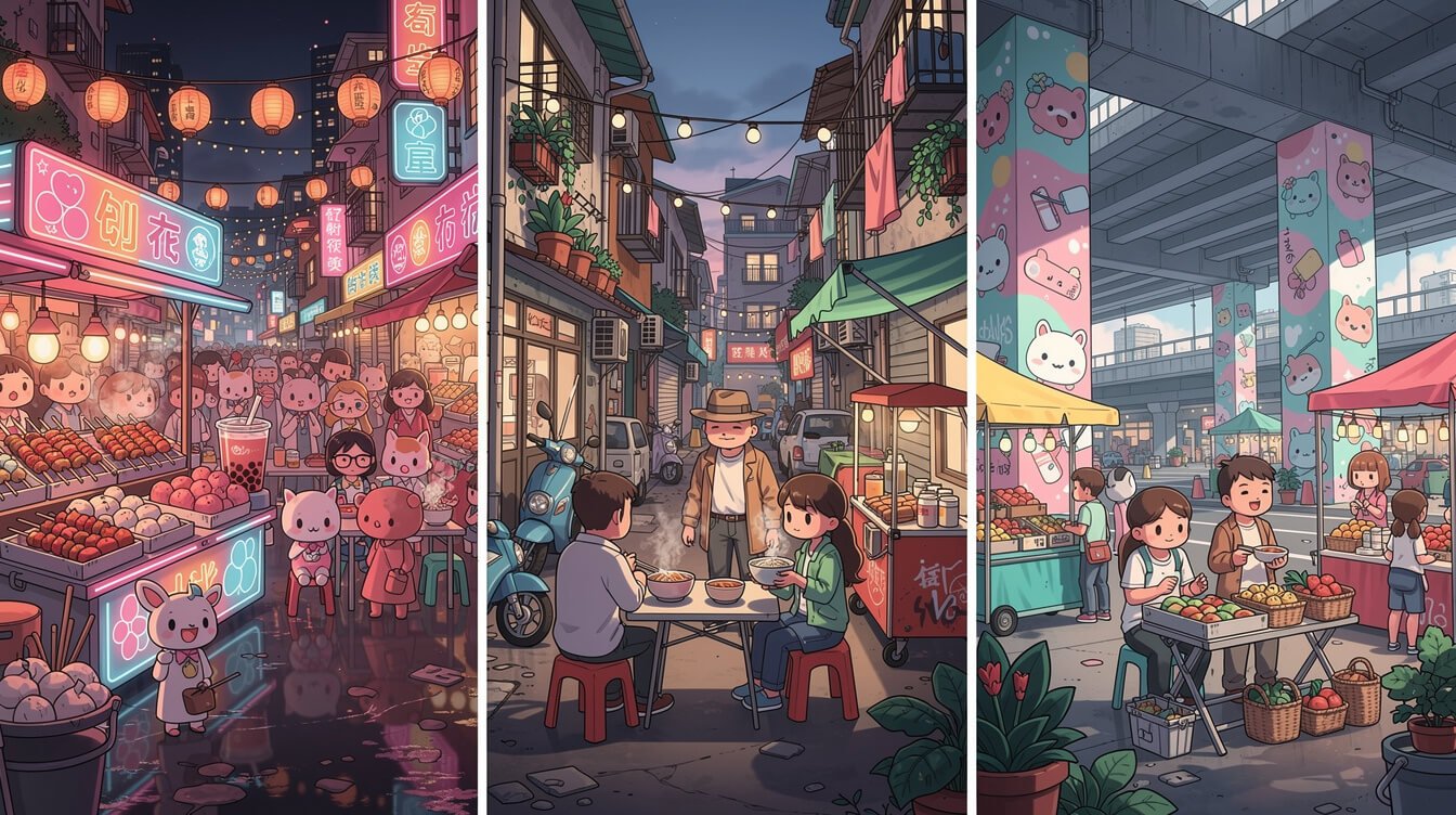 台灣夜市有三種：旅遊大型夜市、街巷夜市和每週輪調夜市。