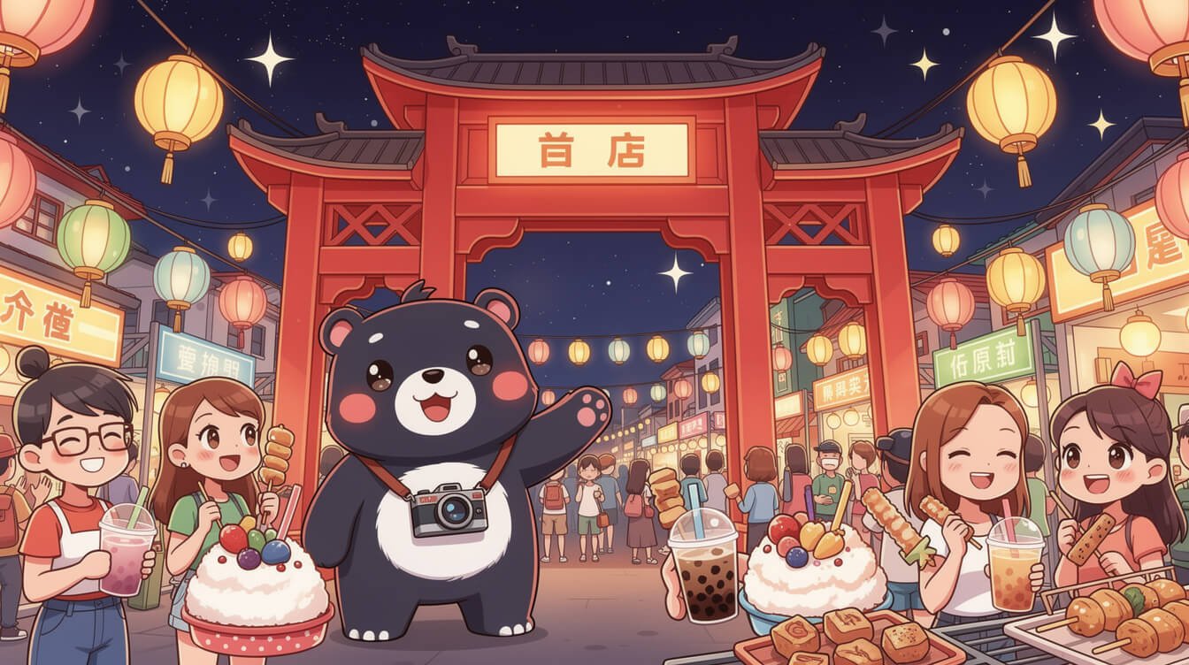 台灣士林夜市標誌性紅牌坊入口在星光下熠熠生輝