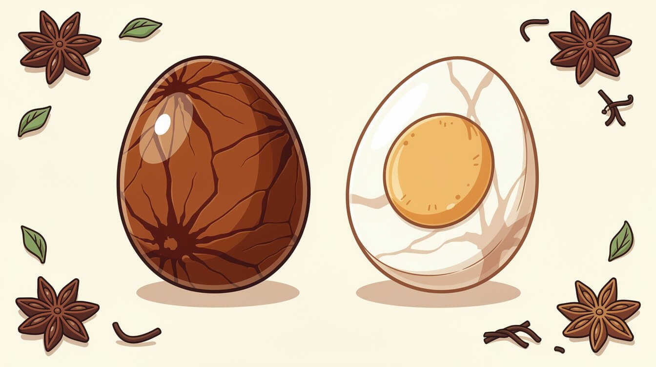 Taiwan-style dark marbled tea egg next to a lighter mainland version