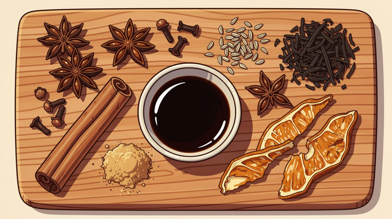 Taiwan tea egg spice blend flat lay with star anise, cinnamon, cloves, and black tea