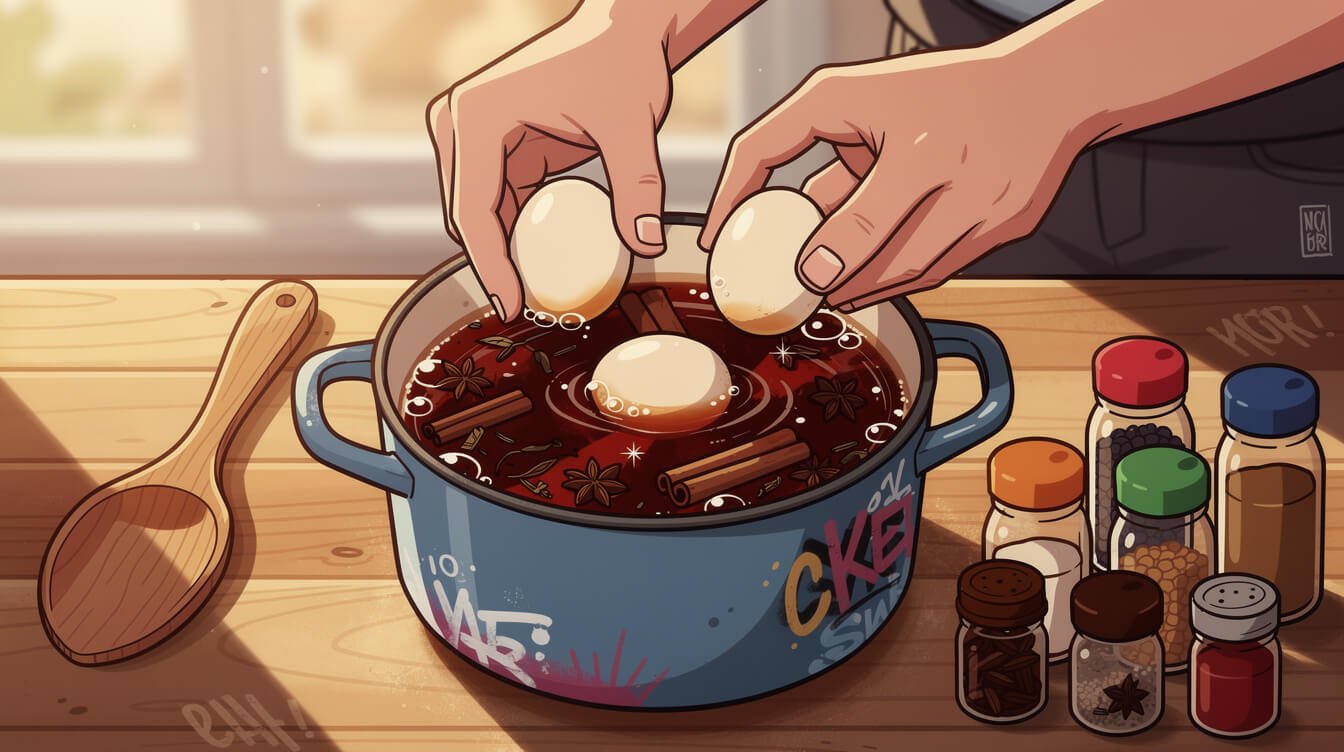 Hands lowering eggs into a dark bubbling tea marinade