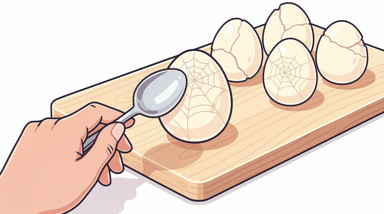 Hand tapping a hard-boiled egg to create hairline cracks for marbling
