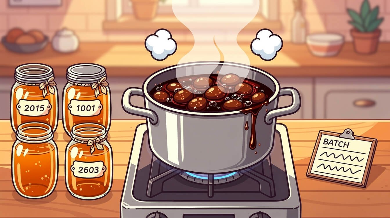 Stockpot of bubbling tea egg marinade with jars of stored broth beside it