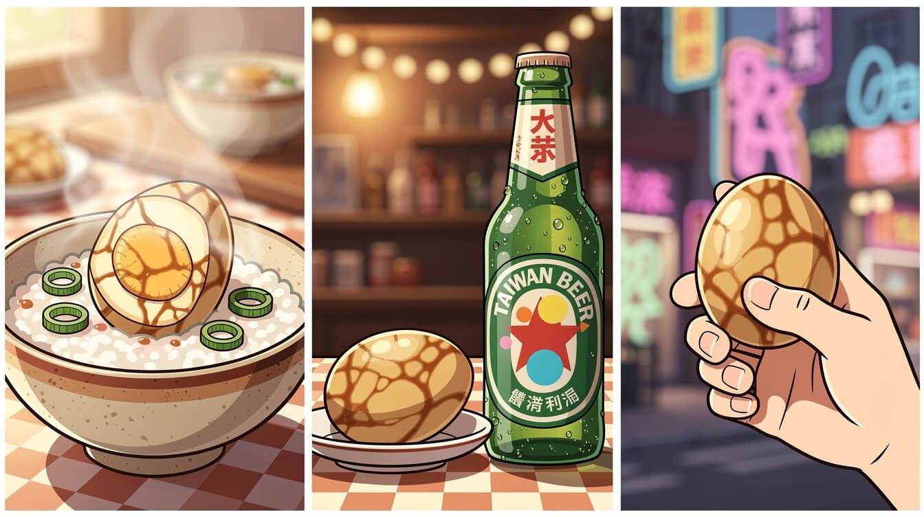 Tea eggs served three ways: over congee, beside a Taiwan Beer, and as a snack