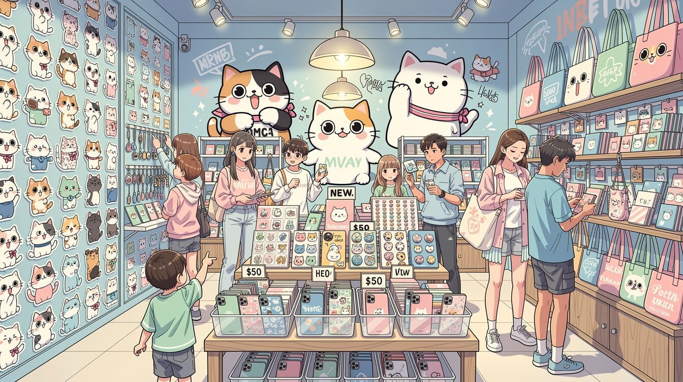 Bustling Taichung merchandise store with kawaii sticker walls