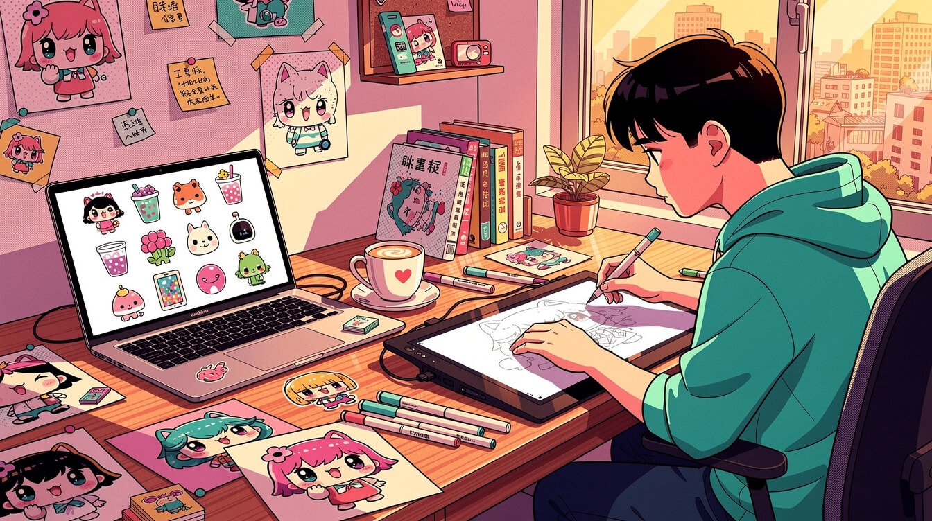 Young Taiwanese artist sketching cartoon characters at a Taipei studio
