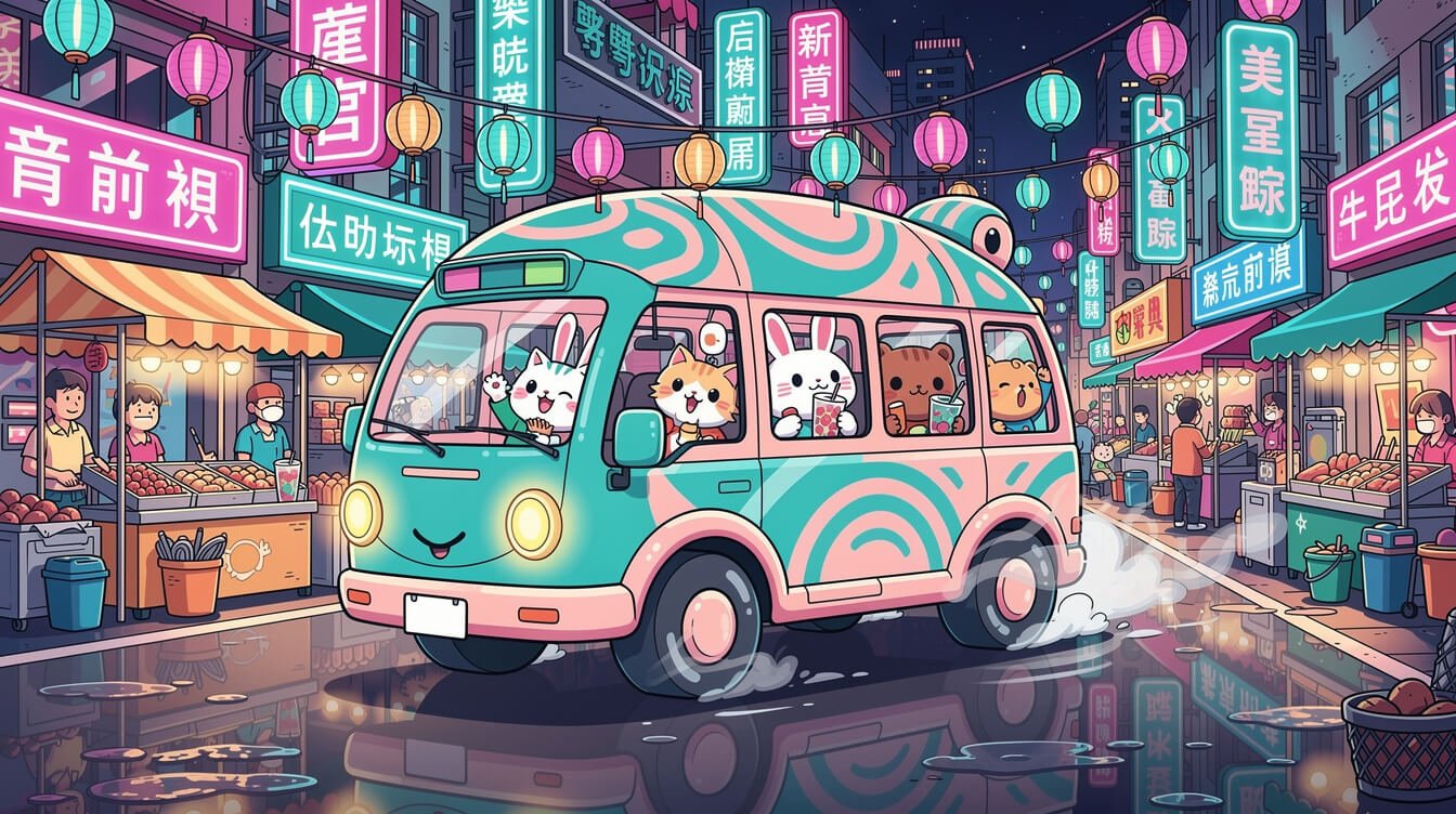 Whimsical turtle-shaped bus rolling through a colorful Taipei street