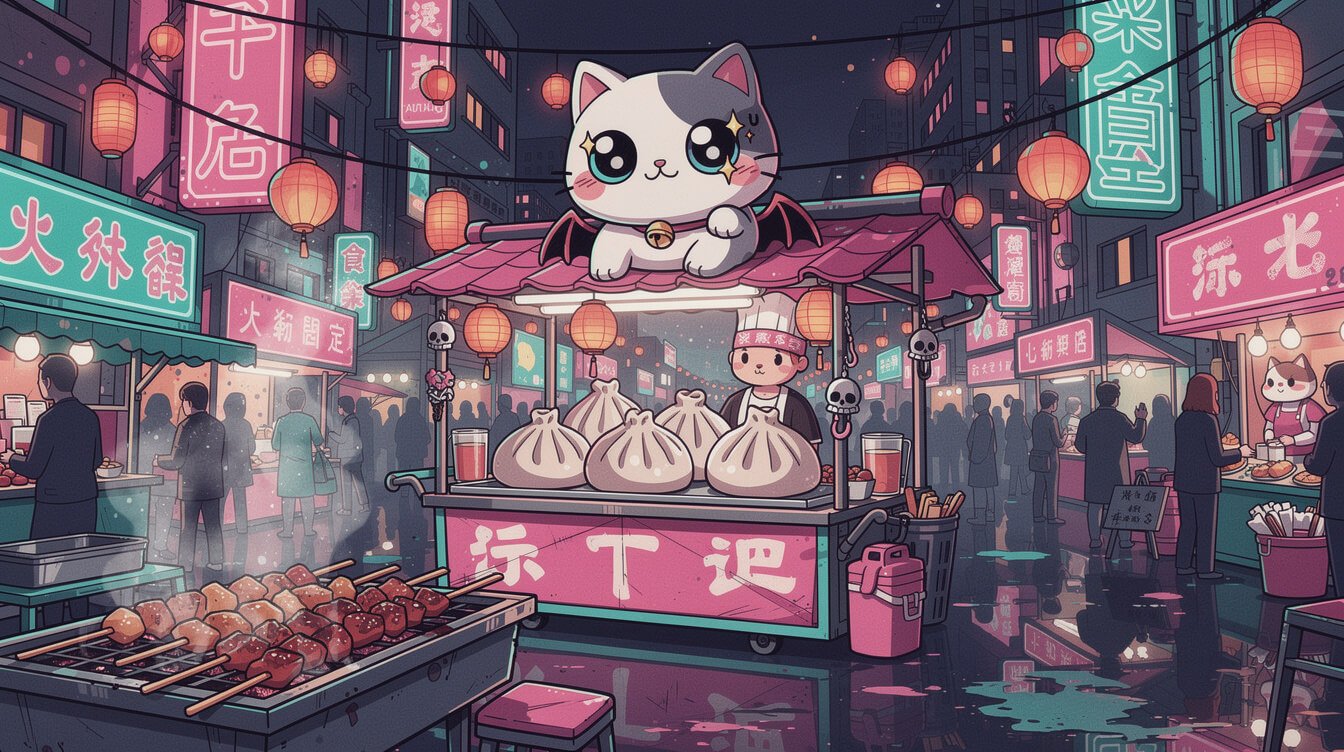 Cute plush cat perched on a giant xiaolongbao stall at a Taipei night market