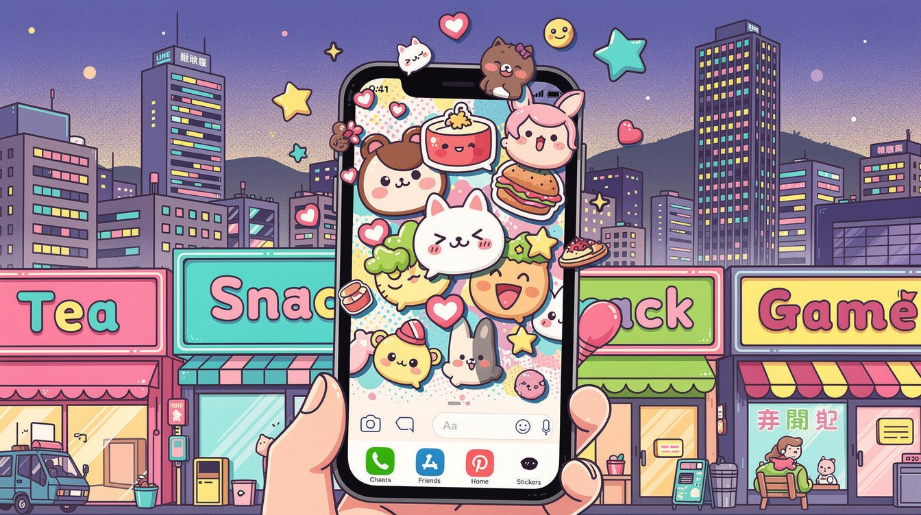 Smartphone LINE sticker chat bubbles floating above a glowing Taichung skyline