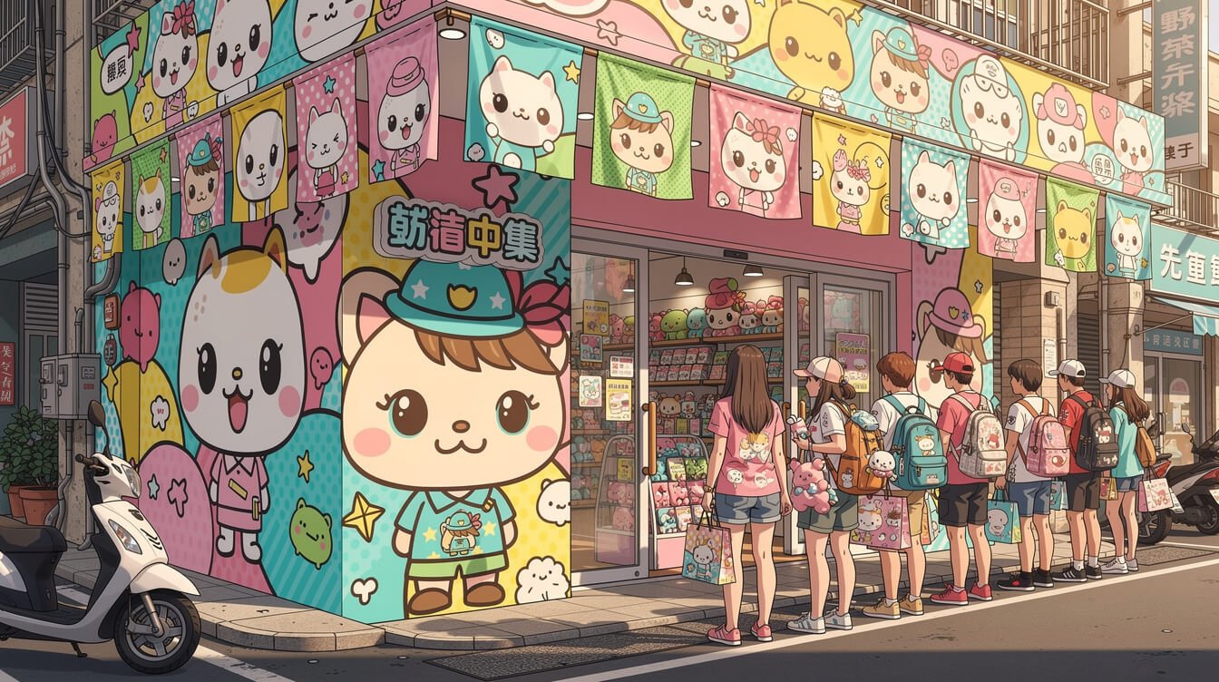 Themed cartoon merchandise store facade in Taichung with excited fans queueing