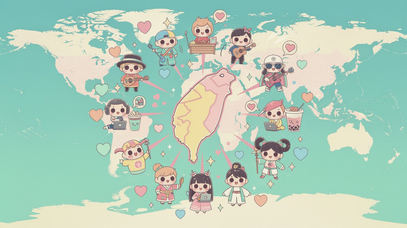 Taiwan as cultural export — cartoon character silhouettes radiating across the world map