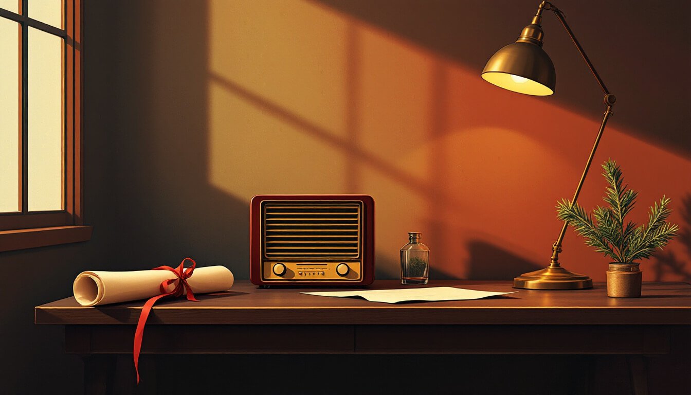 Vintage 1940s radio and rolled constitution document representing Taiwan's Constitution Day origins