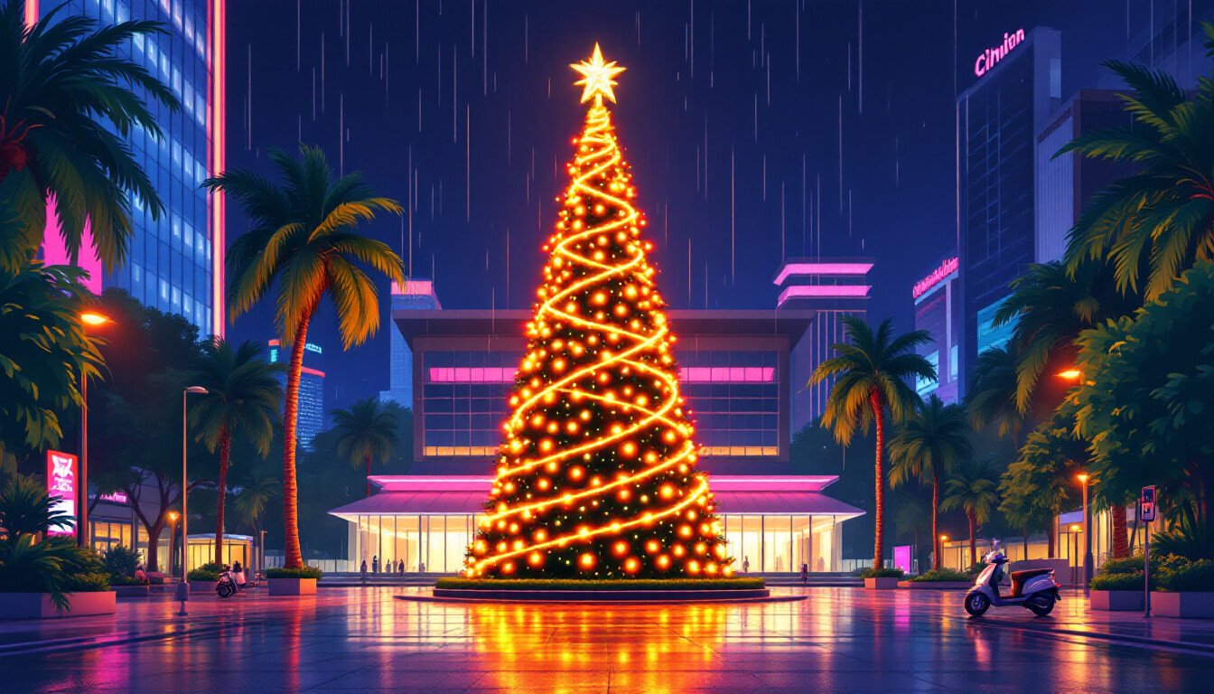 Illuminated Christmas light festival plaza at night in Taiwan with market stalls and a giant tree