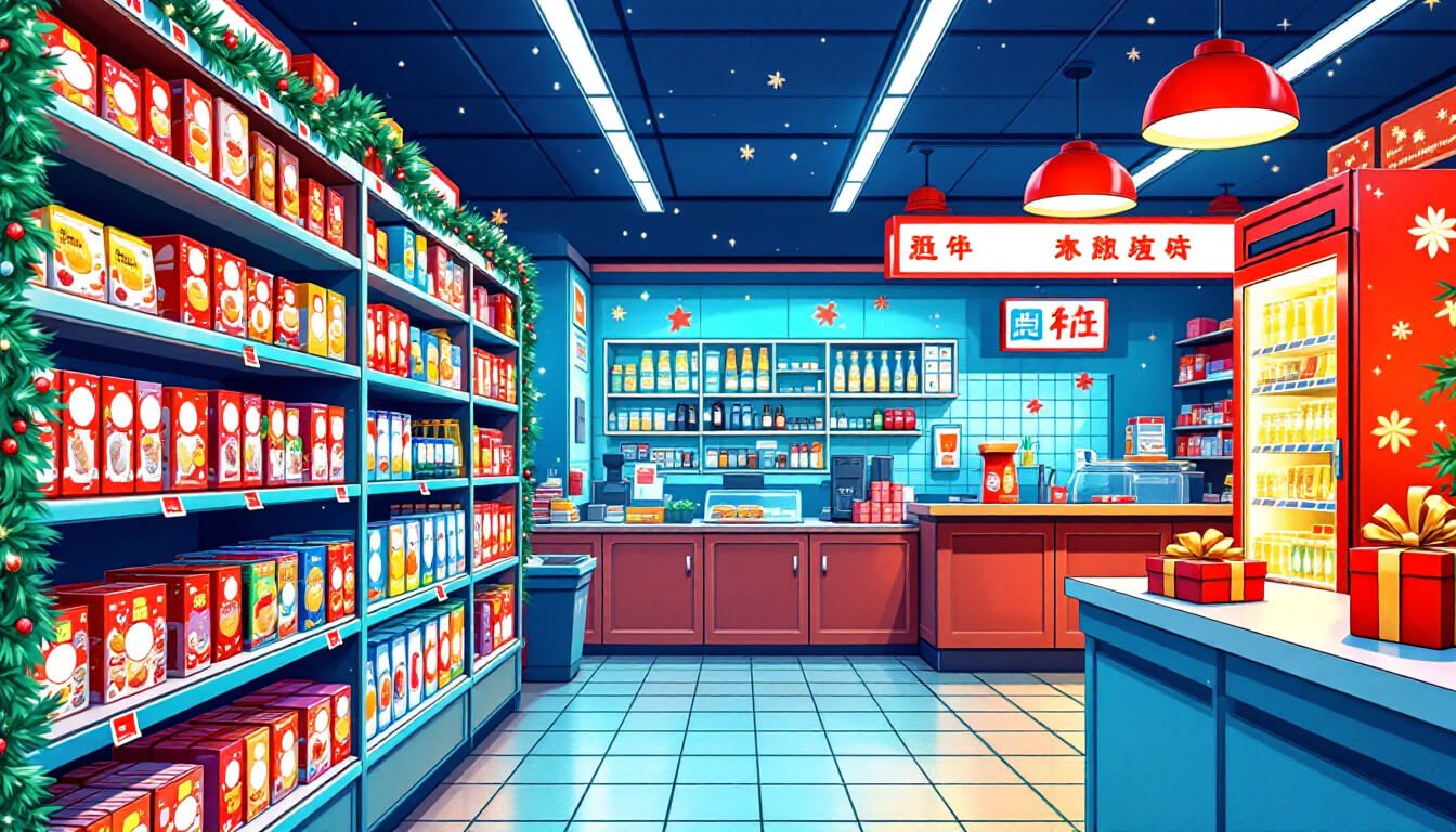 Taiwanese convenience store aisle decorated with tinsel and seasonal snack boxes in December