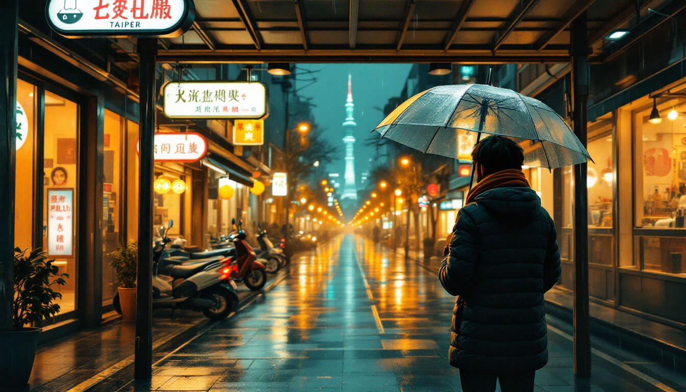 Damp Taipei street in December at night with Taipei 101 glowing in the mist