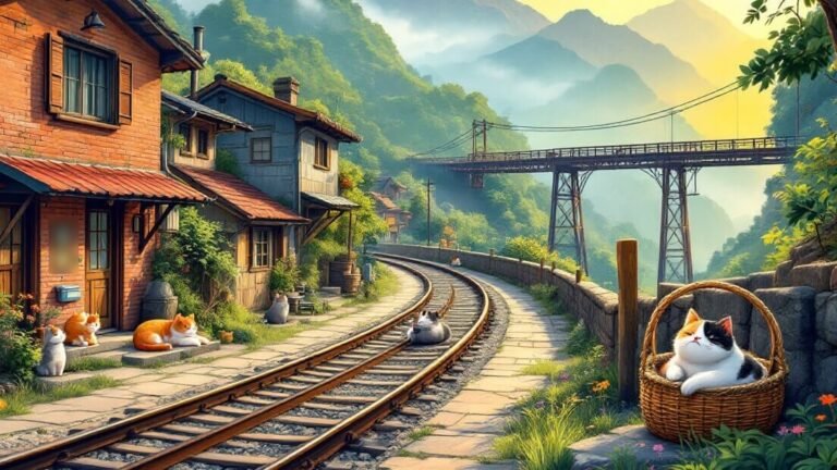 Houtong cat village illustration: cats resting beside the railway tracks in a former Taiwanese coal-mining town