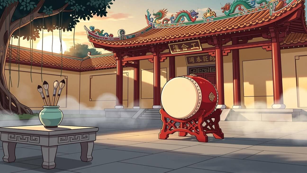 Taiwanese Confucius temple courtyard at dawn with a ceremonial drum and a pot of calligraphy brushes