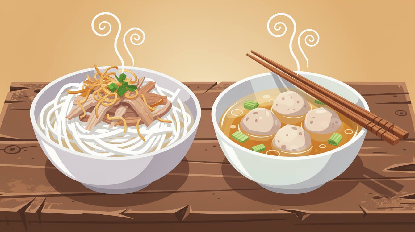 Hsinchu rice noodles and Hsinchu pork meatball soup served together