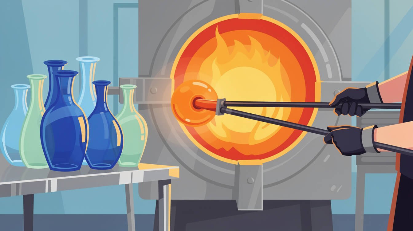 Glassblowing in Hsinchu, Taiwan: molten glass on a blowpipe at the furnace