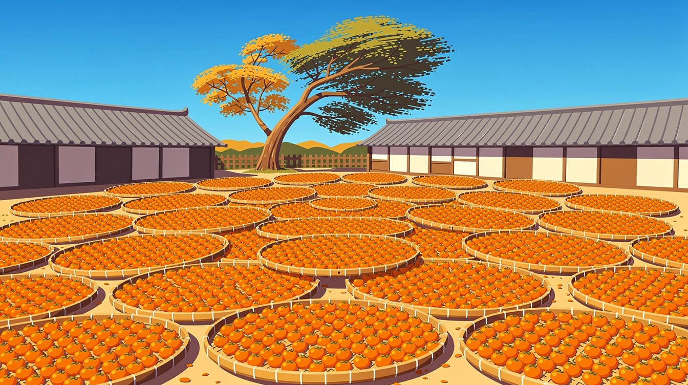 Persimmons drying on round bamboo trays in Xinpu, Hsinchu County