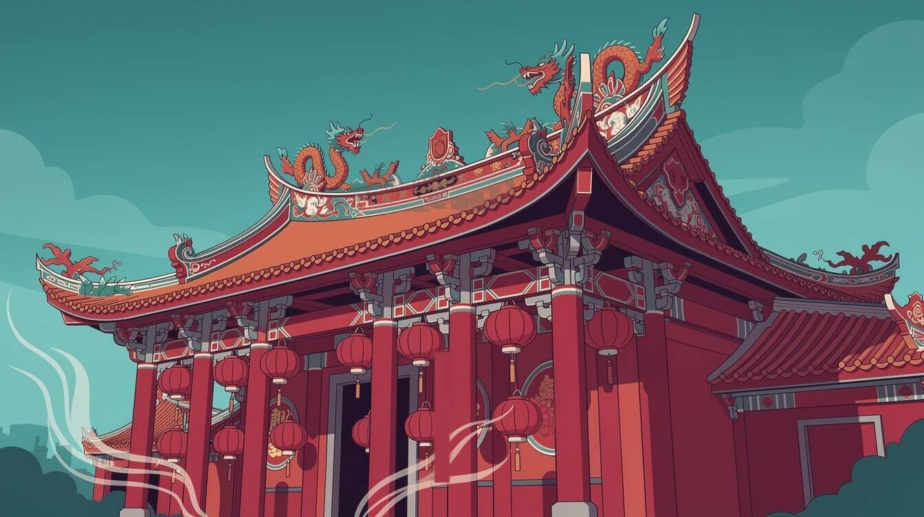 Hsinchu Taiwan City God Temple roof with ceramic dragon ridge decoration