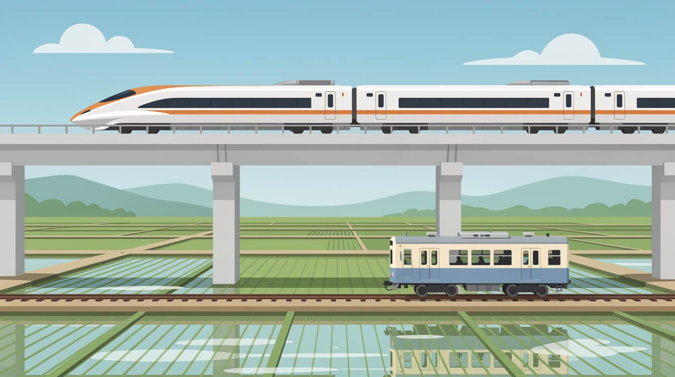 Hsinchu Taiwan high speed rail train above a local branch line train