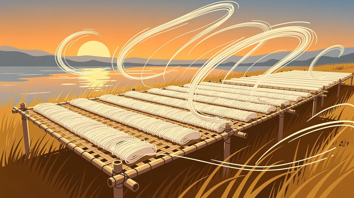 Hsinchu rice noodles drying on bamboo racks in the northeast monsoon wind