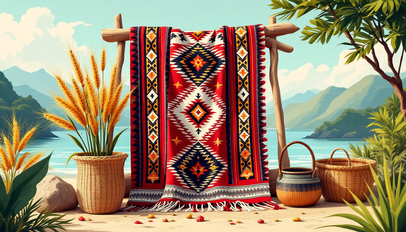 Indigenous Taiwanese woven textile with geometric patterns and millet stalks
