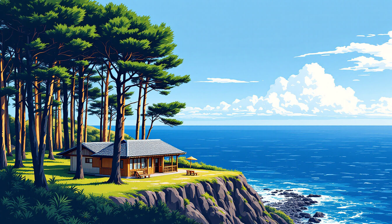 Japanese-era wooden building among tall pines on a clifftop above the Pacific