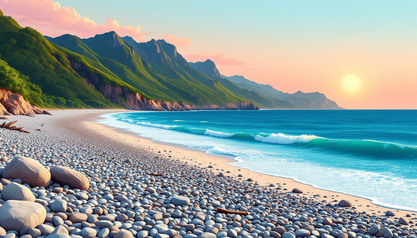 Pebble beach at dawn with mountains meeting the sea near Hualien City Taiwan