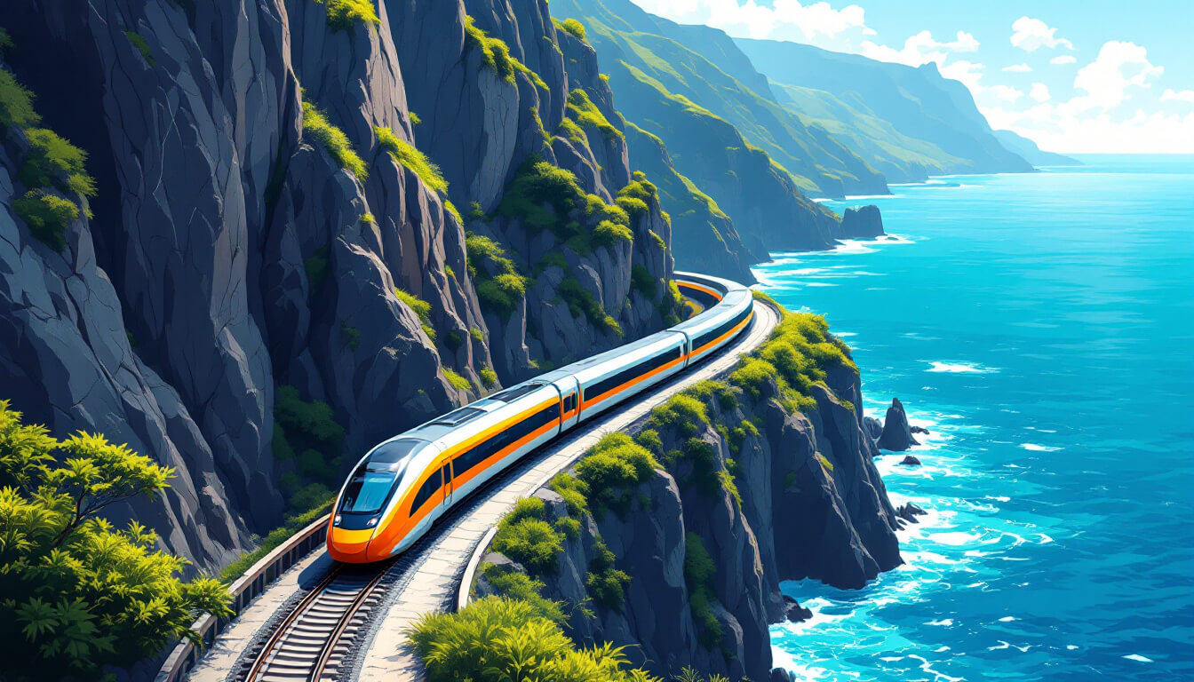 Express train on the coastal railway line to Hualien City Taiwan